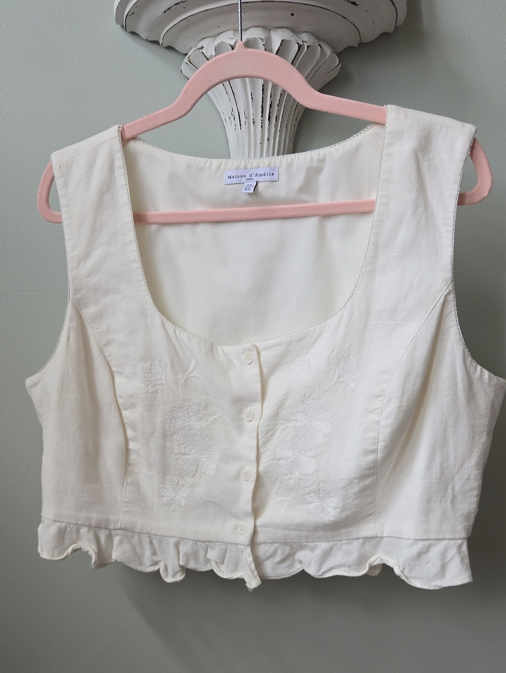 Cream Embroidered Crop Button-Front Tank Or Vest